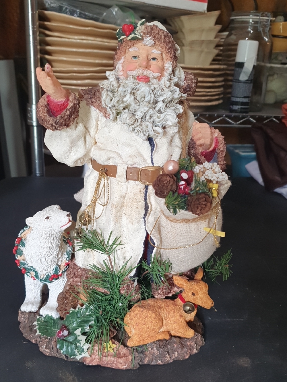 Santa Figurine Holiday Decor in Cream Coat with Brown Trim